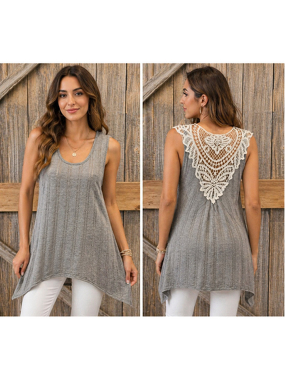L lace open back mixed media shark bite sleevless beach tunic tank summer EUC